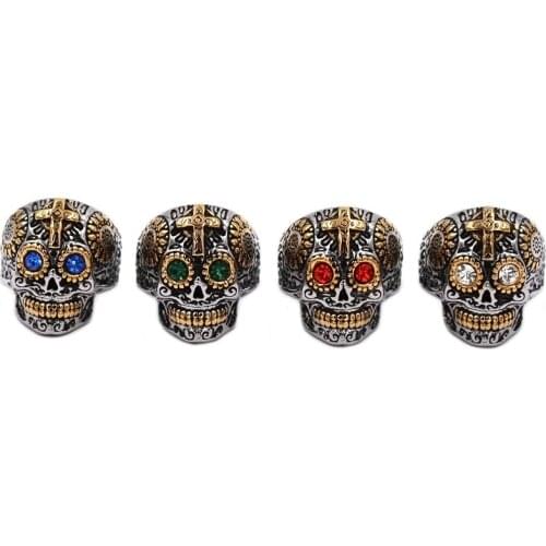 Wholesale Kapala Skull Biker Ring Stainless Steel Jewelry Colorful Blue Green Red White Eyes Gold Cross Skull Men Ring 781B