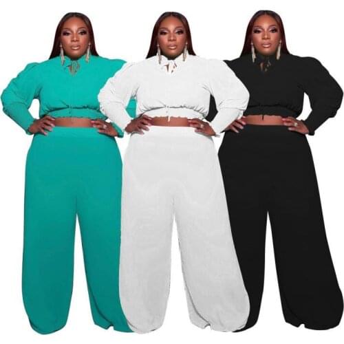 Autumn Winter Two Piece Club Outfits Long Sleeve Crop Tops + Wide Leg Pants Elegant 2 piece Matching Set Plus Size 4XL 5XL