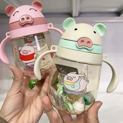Baby Piggy Sippy Cup Baby Handle Back Rope 2 In 1 Graduated Drinking Cup V-shaped Spout Food-grade Soft Silicone Products 350ml