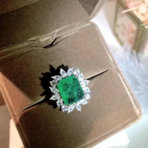 Luxurious green gem-stone Ring CZ zircon crystal ring romantic square flower ring pure 925 Sterling silver wedding party jewelry