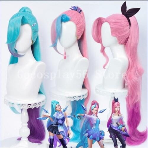 3 Colors Seraphine Wig LoL Cosplay NEW KDA Gradual Pink Purple Blue Long Curly Synthetic Hair Women The Starry-eyed Songstress