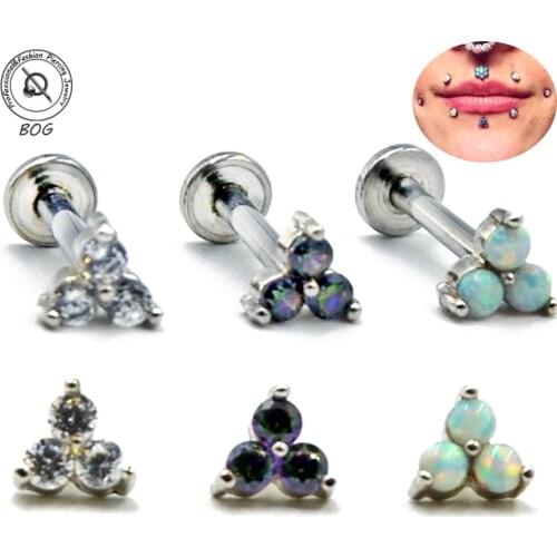 BOG-1PC Surgical Steel Menage A Trois Internal Threaded Opal Zircon Labret Stud Ear Tragus Cartilage EarringPiercing Jewelry