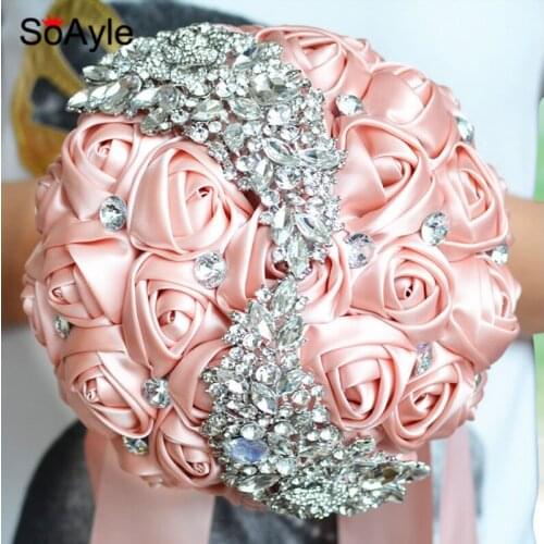 SoAyle Gorgeous Crystal Wedding Bouquet Brooch Peach Wedding Accessories Bridesmaid Artifical Wedding Flowers Bridal Bouquets