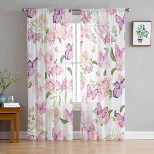 Flowers Butterfly Pink Window Tulle Curtains for Living Room Bedroom Hotel Luxury Decoration Sheer Curtains
