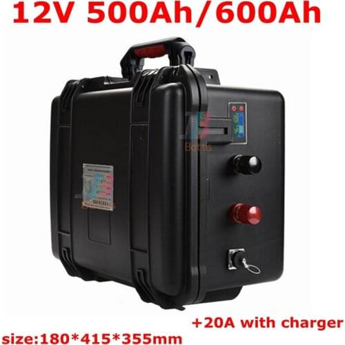 12V 600AH Waterproof 12V 500AH lithium ion battery for UPS RV Solar energy storage subwoofer inverter MPPT + 20A Charger