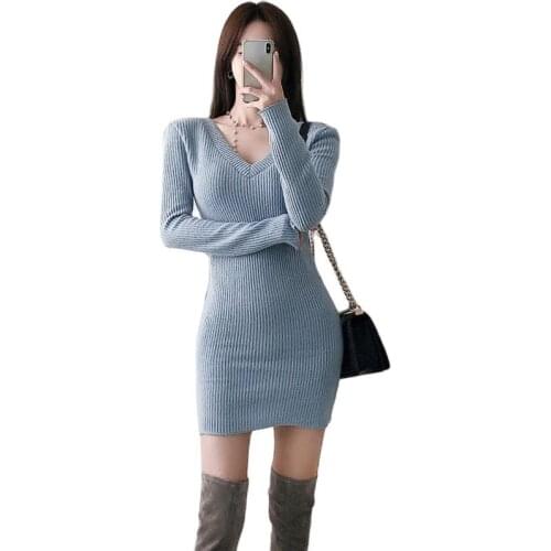 Knitting one piece korean ladies long Sleeve winter blue Tight mini Party Dress for women china clothing