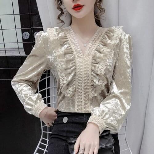 Elegant Spring Women Tops And Blouses All-match Velvet Blouse Female Lace Ruffled V-neck Blusa Fashion Puff Sleeve Shirt Top