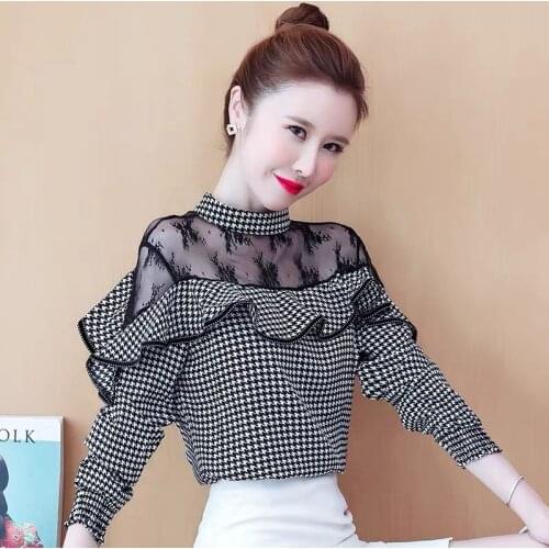 Blouse Women Houndstooth Autumn Womens Ruffled Lace Top Chiffon Shirt Blusas Mujer De Moda