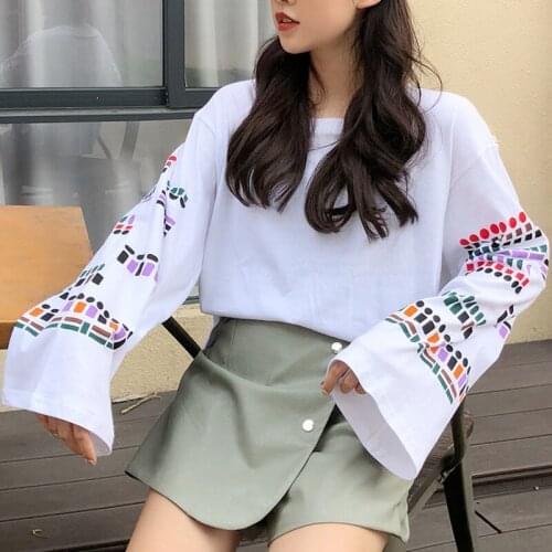 JuneLove Spring Women Korean Vintage Shirt Lady Long Sleeve Print T-Shirts Female Clothing Loose Casual O-neck Pullovers Tops