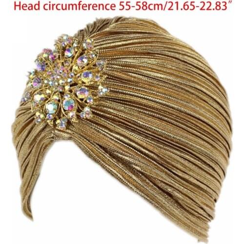 Women Indian Turban Hat Head Wrap Pleated Soft Velvet Hair Hijab Cap with Brooch