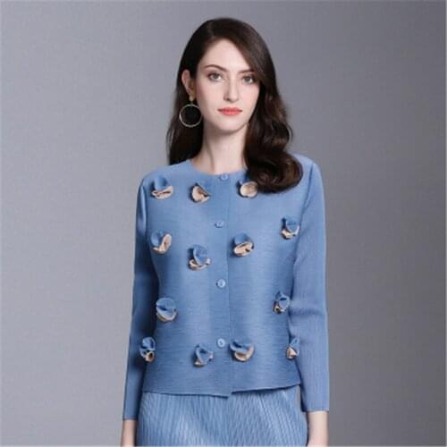 Miyake folds women spring new style buttoned floral blouse cardigan nine-quarter sleeves wide and large size womens jacket tops