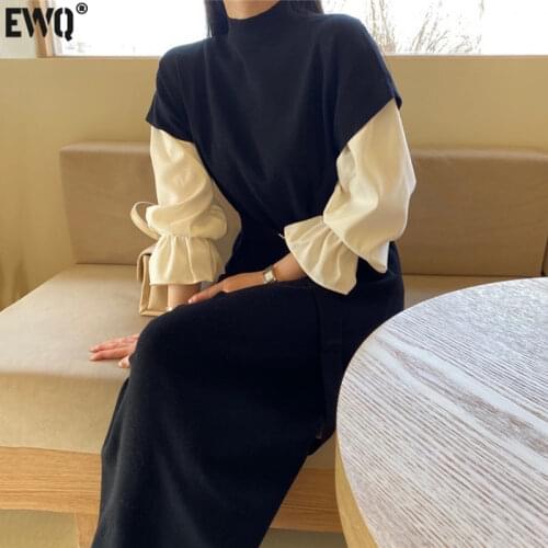 [EWQ] Korean Chic Women Autumn Solid Color Flared Sleeve Shirt Top + Ring Buckle Waist Knitting Vest Dress Female 2021 16E2697