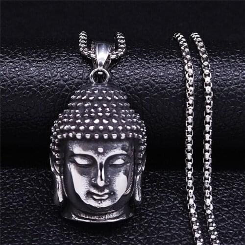 Bohemia Yoga Buddha Head Stainless Steel Necklace Women Silver Color Statement Necklaces Jewelry collares para mujer NZZ64S04