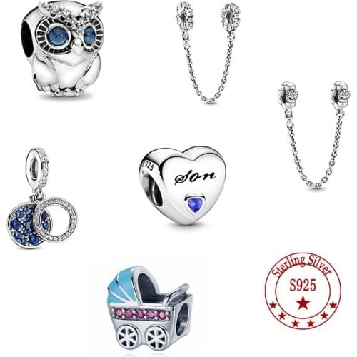 S925 Sterling Silver Owl Safety Chain Beaded Bracelet Female Blue Beads For Pandora Girl Jewelry Gift