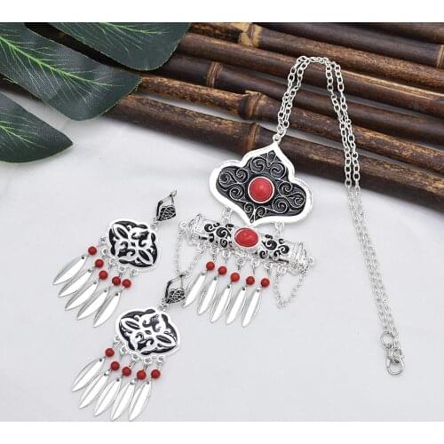 Gypsy Boho Tribal Collar Red Green Stone Leaf Tassel Necklaces Statement Earrings Sets For Women India Afghan Turkey Jewelry