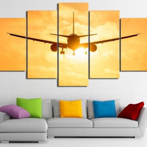 Home Decoration Hd Printed Pictures 5 Panel Modular Canvas Airplane Sunset Poster Wall Artwork Painting For Living Room Framed