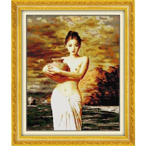 Joy Sunday Girl Holding Pottery Pattern Cross Stitch Printed Canvas Fabric Counted Angel Cross Stitch Embroidery Threads Crafts