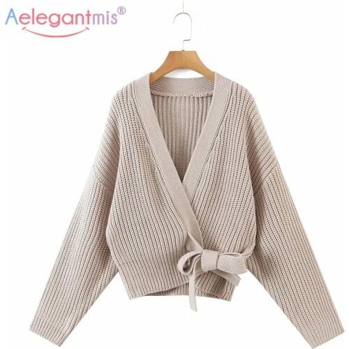 Aelegantmis Korean Knitted Cardigan Women Lace Up Solid Casual Ribbed Sweaters Loose Khaki V-Neck Knit Outwear 2021 New Fashion