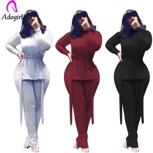 Gray Plain Color Women Fashion Two Piece Sets Lady Baggy Turtleneck Side Split Lace-up Tops High Waist Stacked Pants Outfits