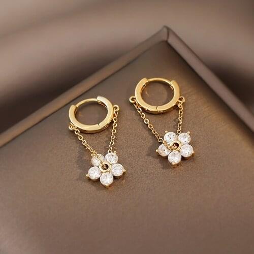 Korean Fashion Design Sense Zircon Flower Pendant Earrings For Woman 2021 Elegant Girls Luxury Jewelry Wedding Unusual Earrings