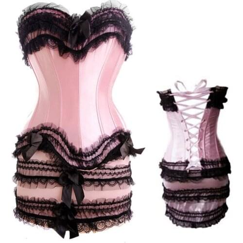Steampunk Corset Sexy Womens Corset Dress Gothic Body Shaper Mini Skirt Dress Clubwear party Strapless 2601 pink