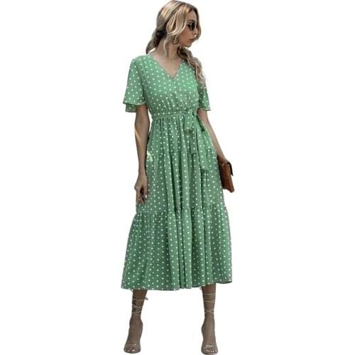 Summer Polka Dot Print Women Dress Fashion V-neck Short Sleeve High Waist Casual Bohemian Beach Dresses Elegant A-line Dress