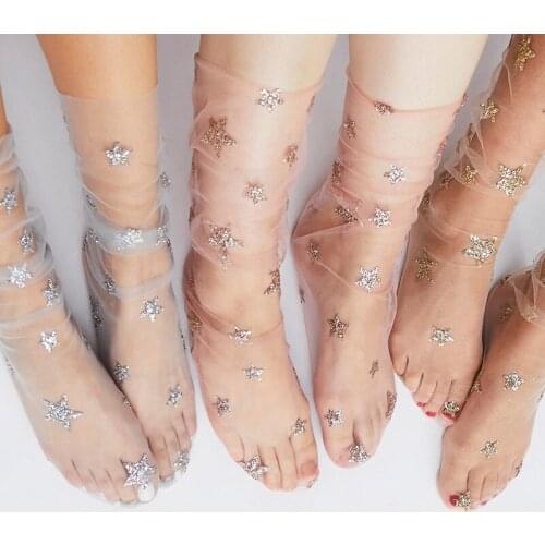 New Women Glitter Star Sheer Mesh Socks Female 1 Pair Of Soft Transparent Fishnet Sock 4 Colors Thin See Through Ankle Socks Hot