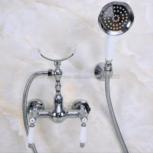 Polished Chrome Bathroom Shower Faucet Bath Faucet Mixer Tap With Hand Shower Head Set Wall Mounted Kna266
