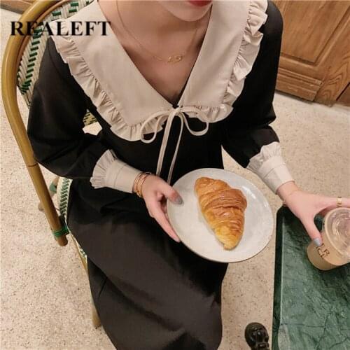 REALEFT 2021 New Autumn Winter Black Womens Midi Dresses Long Sleeve Doll Collar Vintage Ladied Short Umbrella Dress Female