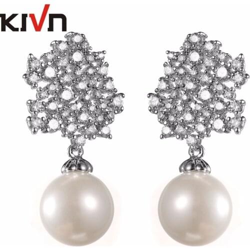 KIVN Jewelry Luxury Drop Dangle Pave CZ Cubic Zirconia Womens Girls Wedding Bridal Simulated Pearl Earrings 6pcs Lots Wholesale