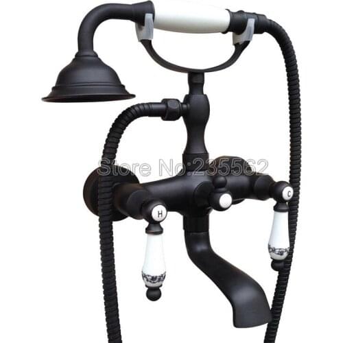 Bathroom Black Oil Rubbed Bronze Wall Mounted Bathtub Faucet Dual Handle Shower Mixer Tap with Ceramic Handheld Spray ltf601