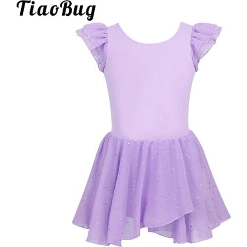 TiaoBug Kids Girls Ruffled Sleeves Glitters Chiffon Ballet Tutu Dress Gymnastics Leotard Children Skating Stage Dance Costume