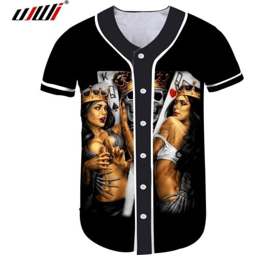 UJWI Men Baseball Jersey Shirt 3D Printing Crown Beauty Skull Hiphop Big Size Costuming Unisex Button T-shirt Wholesale