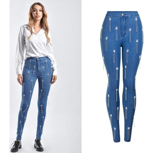 Women Beaded Fringed Jeans High Waist Push Up Hip Pencil Lift Skinny Stretch Denim Pants Woman Elastic Slim Fit Jean Trousers