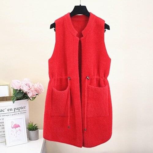 2021 Spring Autumn Women Korean Sleeveless Cardigan Vest Imitation Mink Velvet Double Pocket Solid Mid-length Waistcoat Y694