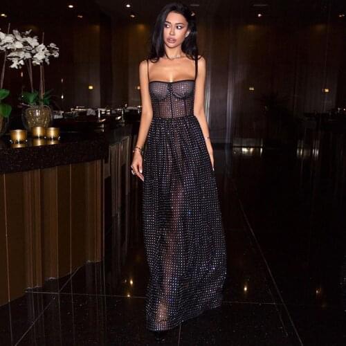 Free Shipping 2021 Women Summer Mesh Bandage Dress Sexy Spaghetti Strap Sleeveless Backless Shiny Diamond Dress Club Party Dress