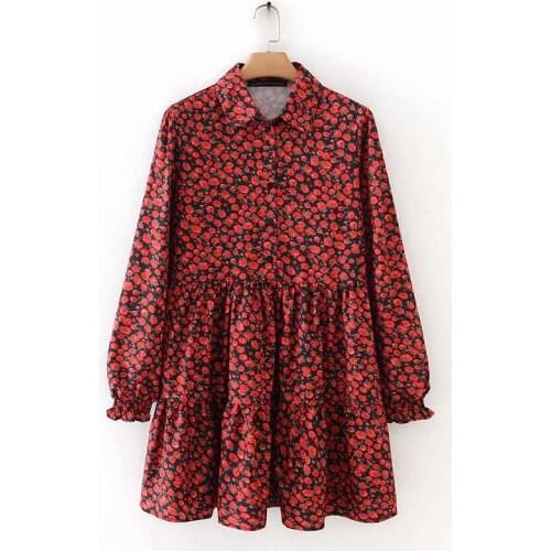 New women vintage pleats red flower print mini dress female long sleeve casual vestidos chic sweet ruffles chic dresses DS3045