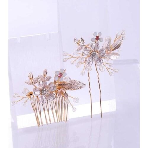 Handmade Gold Rhinestone Leaf Flower Crystal Hair Comb Hair Pin Tiara Bride Hair Stick Women Wedding Hair Jewelry Accessories SL