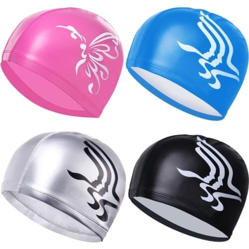 2019 Men Women Elastic Waterproof PU Fabric Protect Ears Long Hair Sports Swim Pool Hat Printed Swimming Cap Free Size