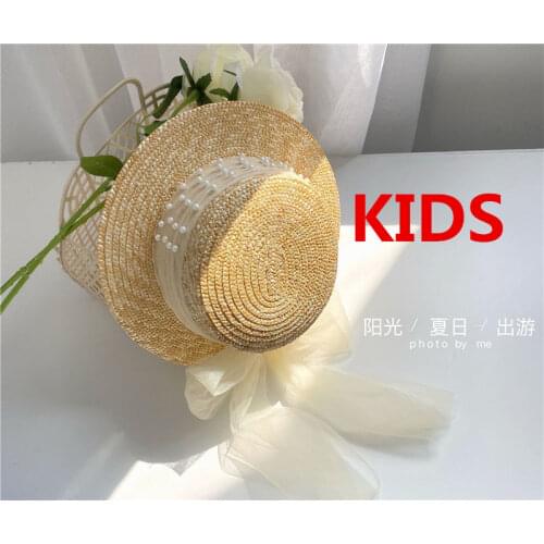 202105-lele new summer handmade straw pearl long lace ribbon children girl fedoras cap KIDS jazz panama hat