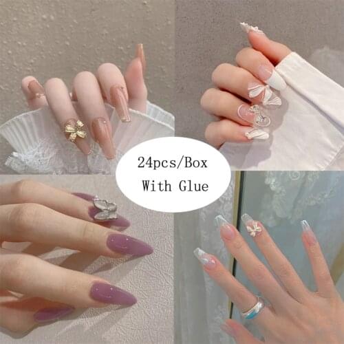 24pcs French Ribbon Decor White False Nails Pearl Crystal Design Press On Nail Mid Length Stiletto Manicure Patch False Nails