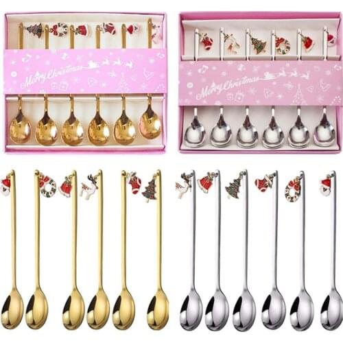 6pcs/set Creative Christmas Spoon Stainless Steel Golden Silver Tableware Spoon Coffee Stirring Spoon Soup Rice Spoon Tableware