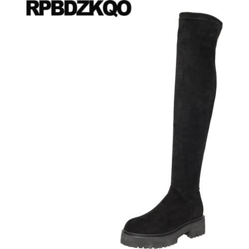Block long winter suede slim thigh women boots muffin high faux fur black handmade over the knee shoes sheepskin chunky tall