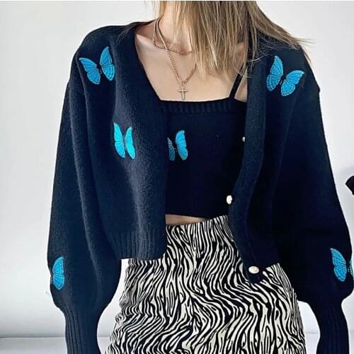 Elegant Butterfly embroidery Sexy cardigan Womens coat Long sleeve Sweater oversize V-neck Winter Harajuku Cardigan for women