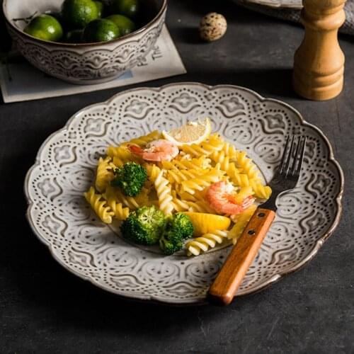 Nordic Art Retro Relief Ceramic Western Food Steak Salad Plate Kitchen Tableware Simple Home Round Soup Noodle Dessert Bowl Mug