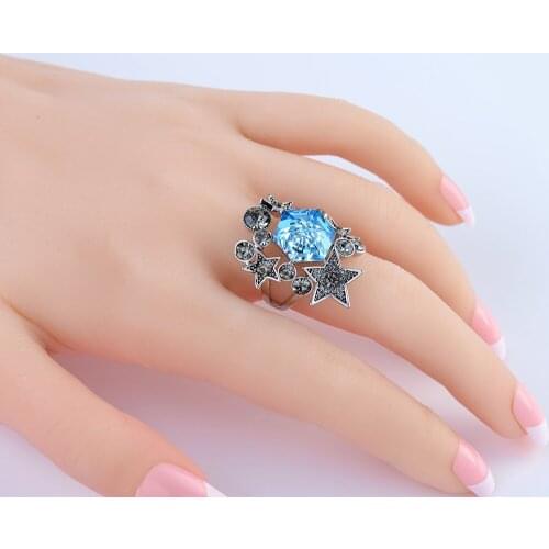 Fashion Wedding Ring Unique Carved Antique Silver big glass Flower Lucky Rings for Women Beach European Jewelry Party Ring