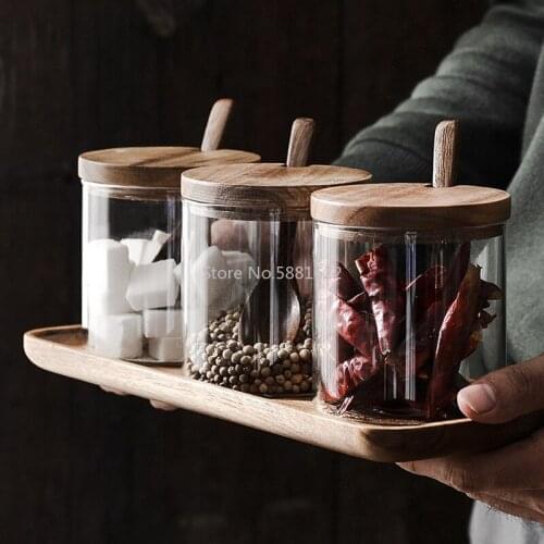 Glass Condiment Jar Three-piece Set Creative Kitchen Supplies Salt Jar Sugar Wooden Condiment Box Set