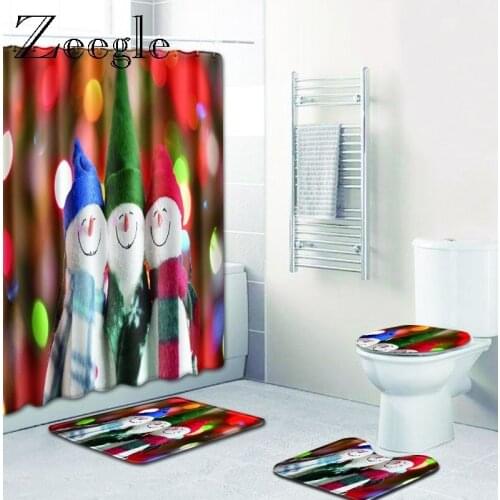 Zeegle Printed Bath Room Mat Set 4pcs Bathroom Mat Set Toilet Shower Curtain Lid Toilet Cover Modern Waterproof Bath Curtain