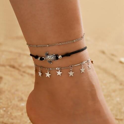 Docona 3pcs/set Bohemia Tortoise Anklets Set for Women Fashion Silver Color Geometric Star Tassel Female Party Jewelry 13480