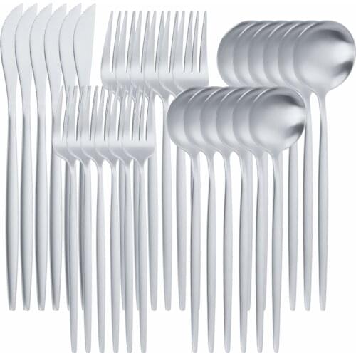 30Pcs Matte Silver Stainless Steel Cutlery Tableware Set Dinnerware Dinner Flatware Set Forks Knives Spoons Set Safe Silverware